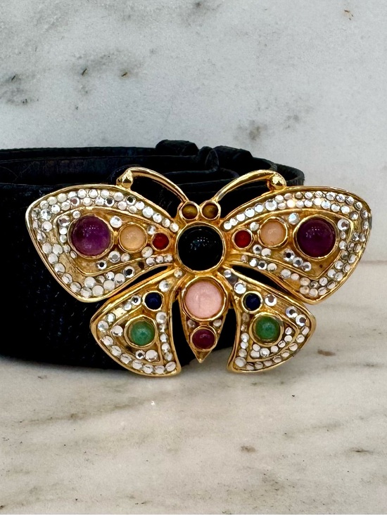 Judith Leiber Accessories - Vintage 80s Judith Leiber Butterfly Jeweled Adjustable Black Leather Belt Signed